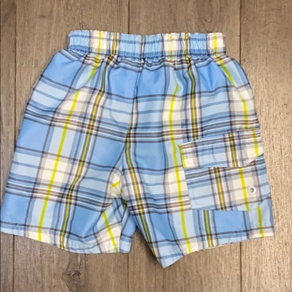 OP Toddler Blue/White/Lime Plaid Swim Trunks
